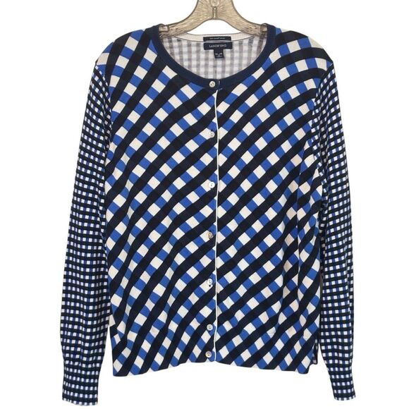 Land’s End Blue Black White Button Front Cotton Patterned Cardigan - Picture 1 of 5